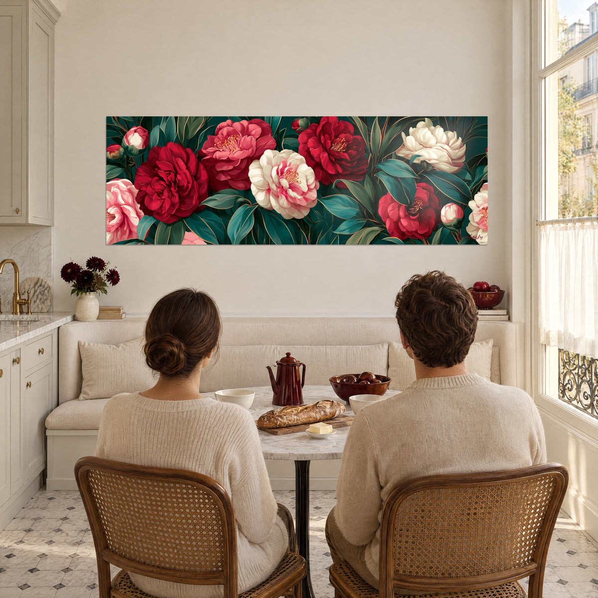 Quadro di fiori scarlatti e bianco crema con stami dorati su fondo verde intenso, di fronte a una coppia seduta a un tavolo da cucina