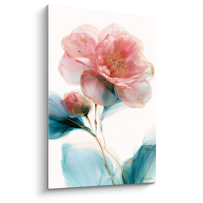Tableau Camélia rose et bleu pétrole doré - Éclosion vaporeuse - Edition Camélia