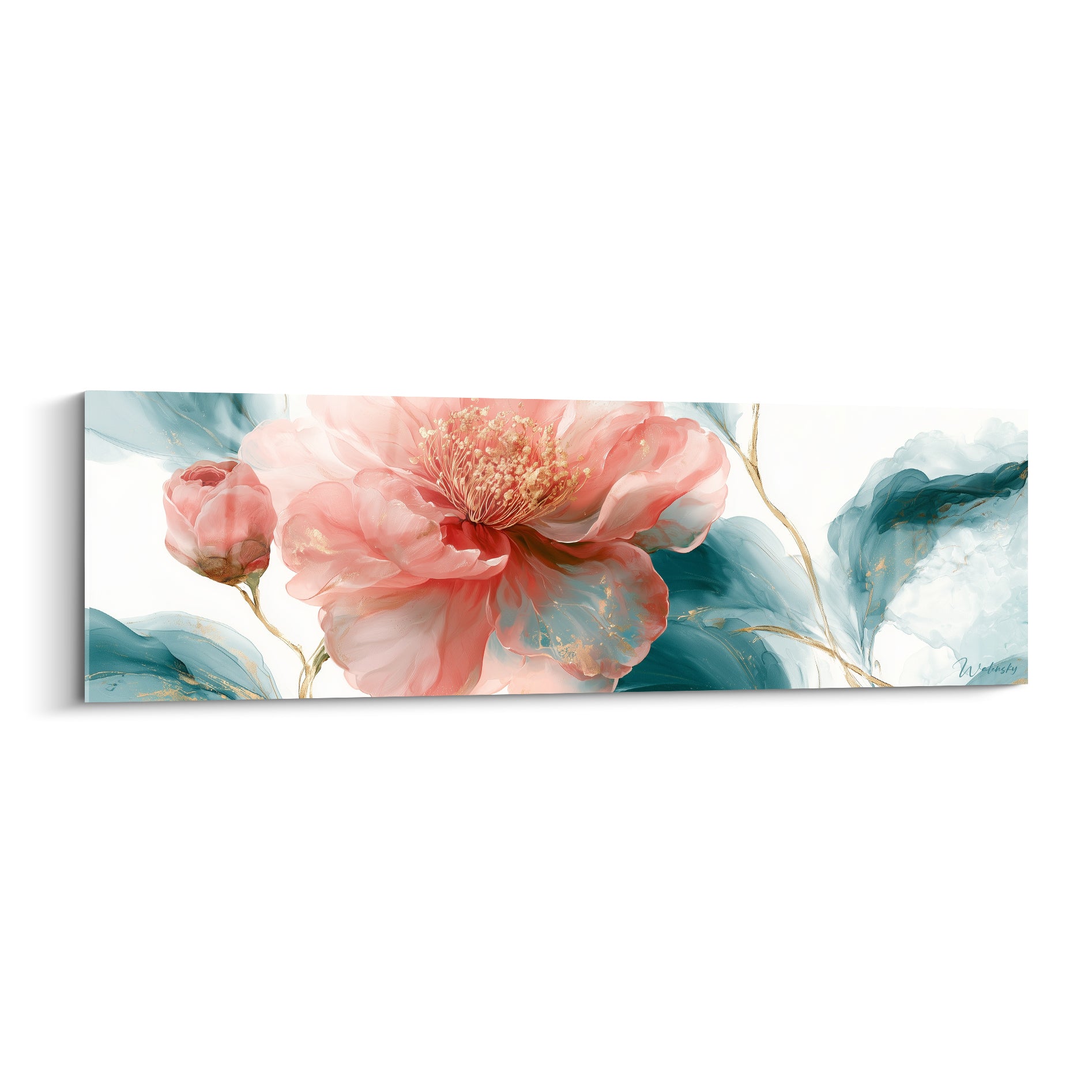 Camélia rose corail aux pétales nacrés et feuilles bleu canard sur fond blanc immaculé