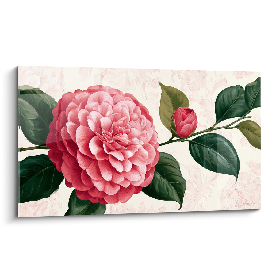 Tableau Camélia rose et vert près d'un bourgeon fermé - Fond ivoire fleuri - Edition Camélia