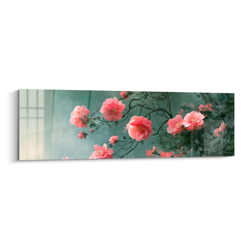 Tableau Camélias roses sur fond vert brumeux - Brume matinale fleurie - Edition Camélia