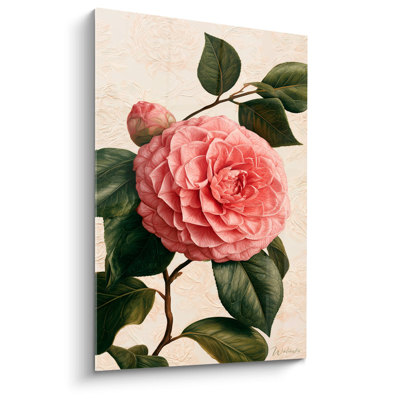 Tableau Camélia rose et vert près d'un bouton fermé - Fond ivoire texturé - Edition Camélia