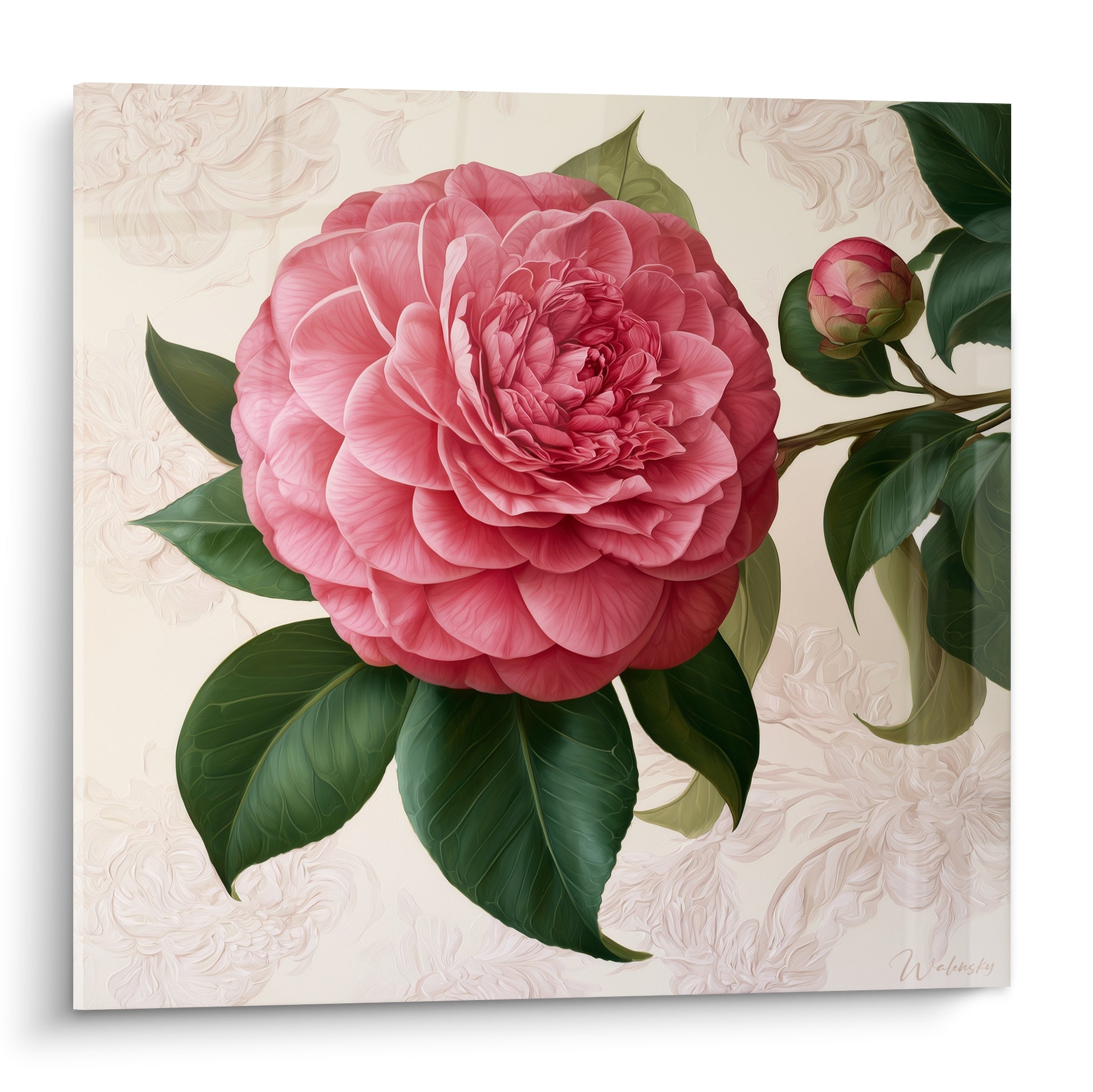 Camélia rose corail aux pétales superposés, feuilles vert émeraude et bouton fermé sur fond ivoire orné.