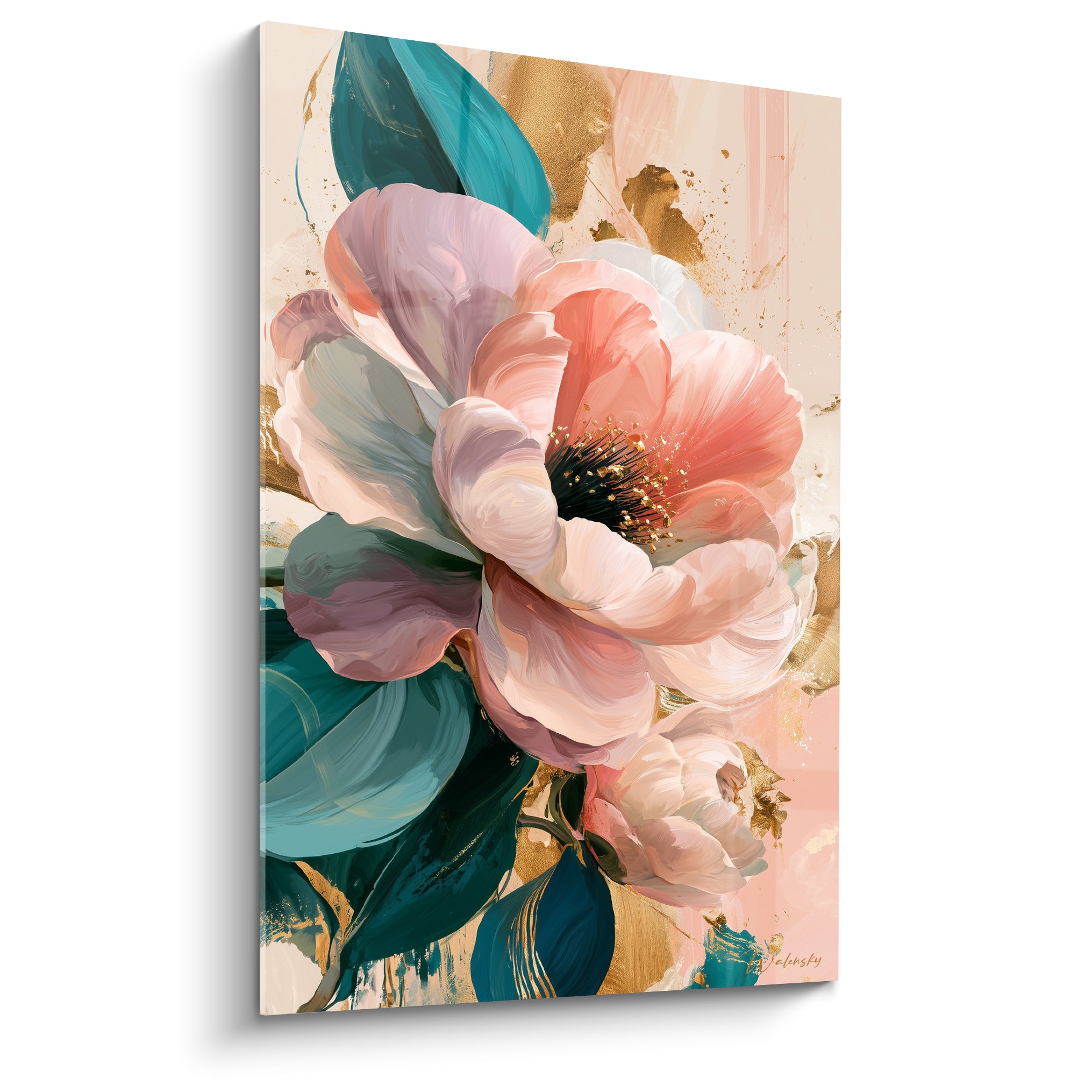 Camélia rose aux pétales larges et feuilles bleu sarcelle sur fond beige doré éclaboussé