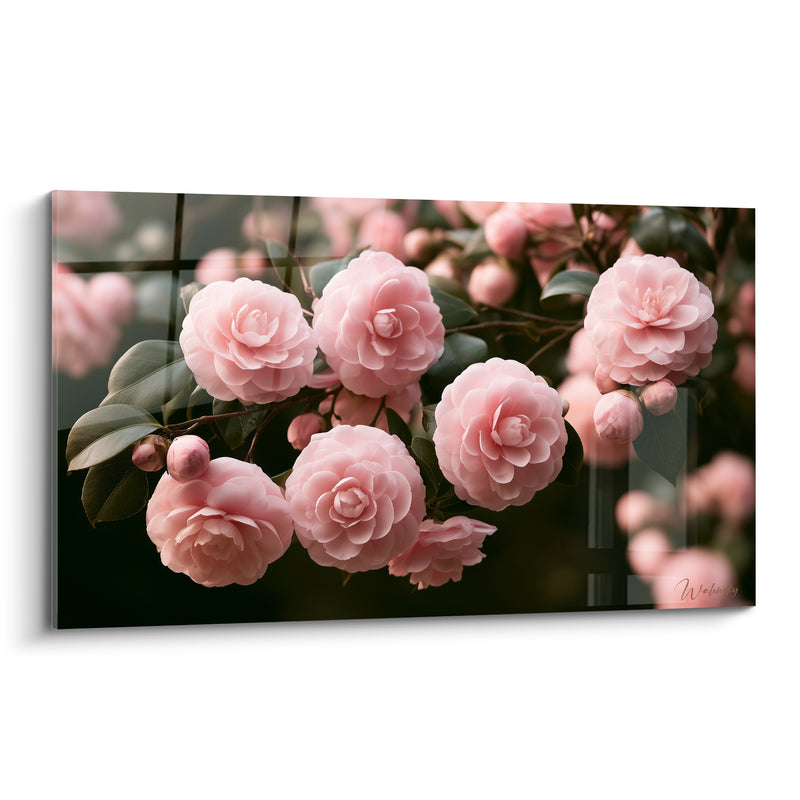 Tableau Camélias roses et verts en abondance sur branche - Grappe fleurie dense - Edition Camélia