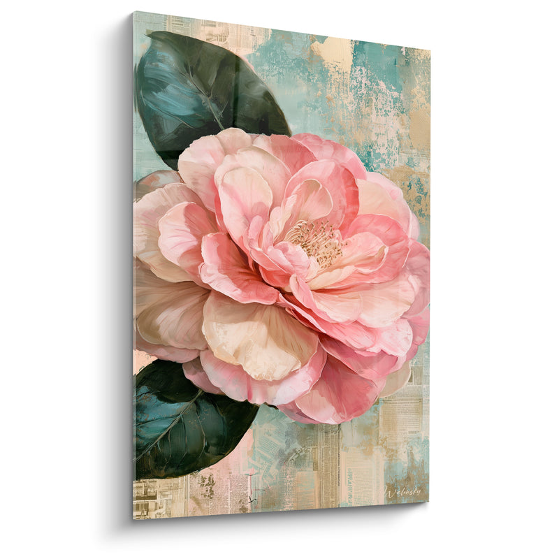 Tableau Camélia rose aux feuilles vert sombre - Éclosion matinale - Edition Camélia