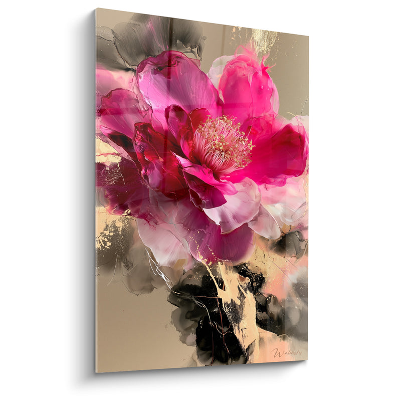 Tableau Camélia fuchsia et noir aux éclaboussures dorées - Étamines en éventail - Edition Camélia