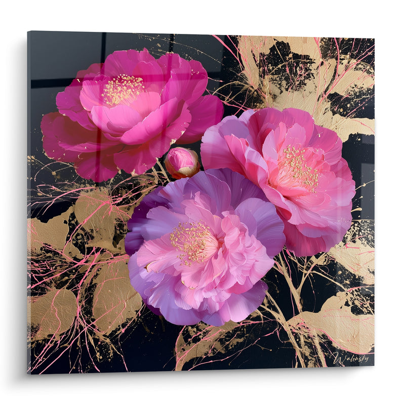 Tableau Camélias roses et mauves sur fond noir doré - Éclosion nocturne dorée - Edition Camélia