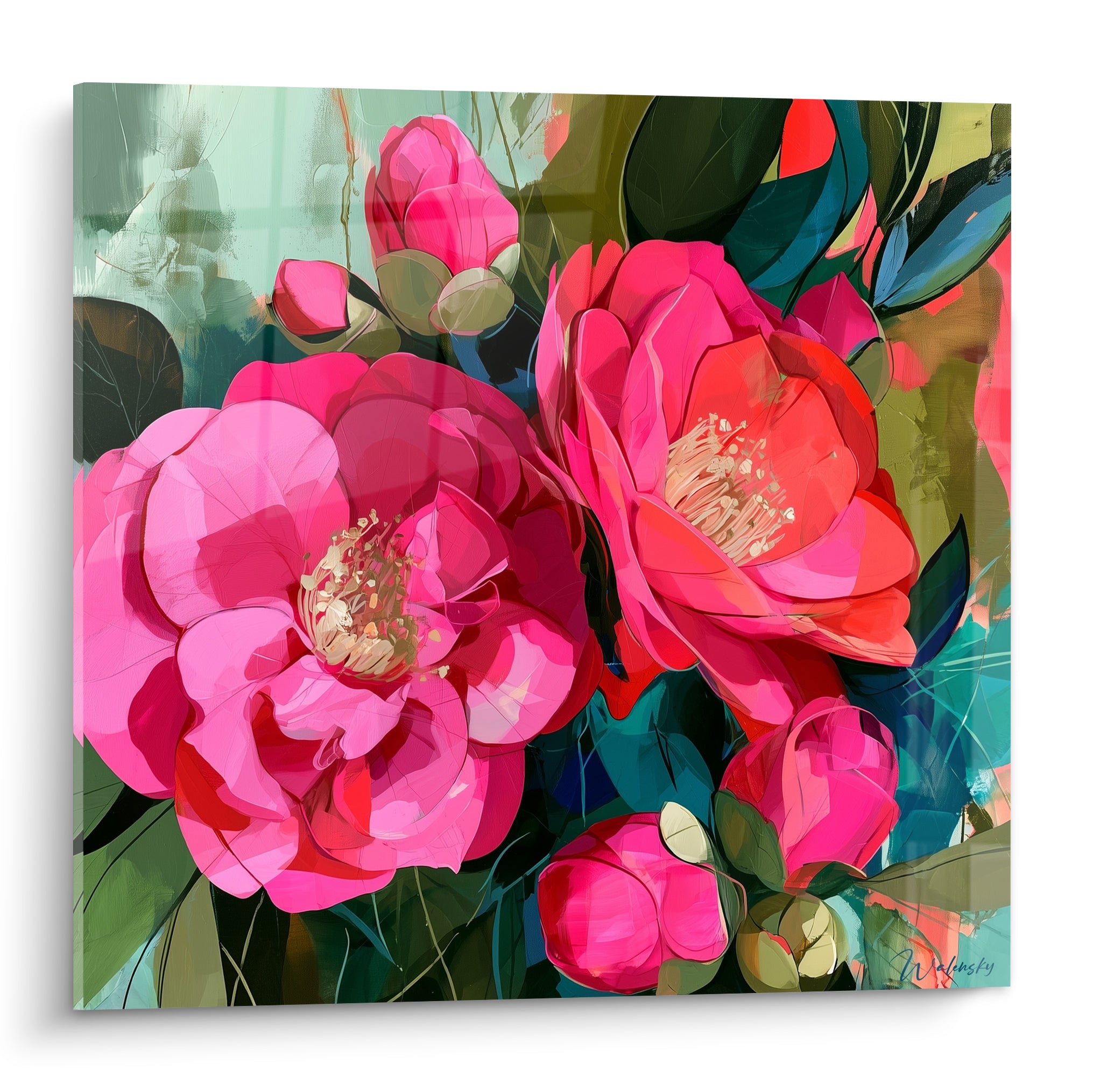 Camélia rose fuchsia et rouge corail aux étamines dorées, feuillage vert olive et bleu pétrole en fond