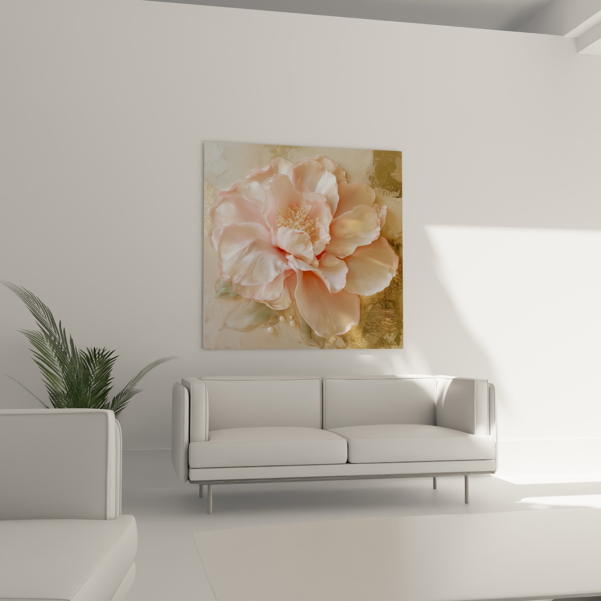Pétales nacrés d'un camélia rose et doré, composition raffinée, au-dessus d'un canapé dans un salon lumineux