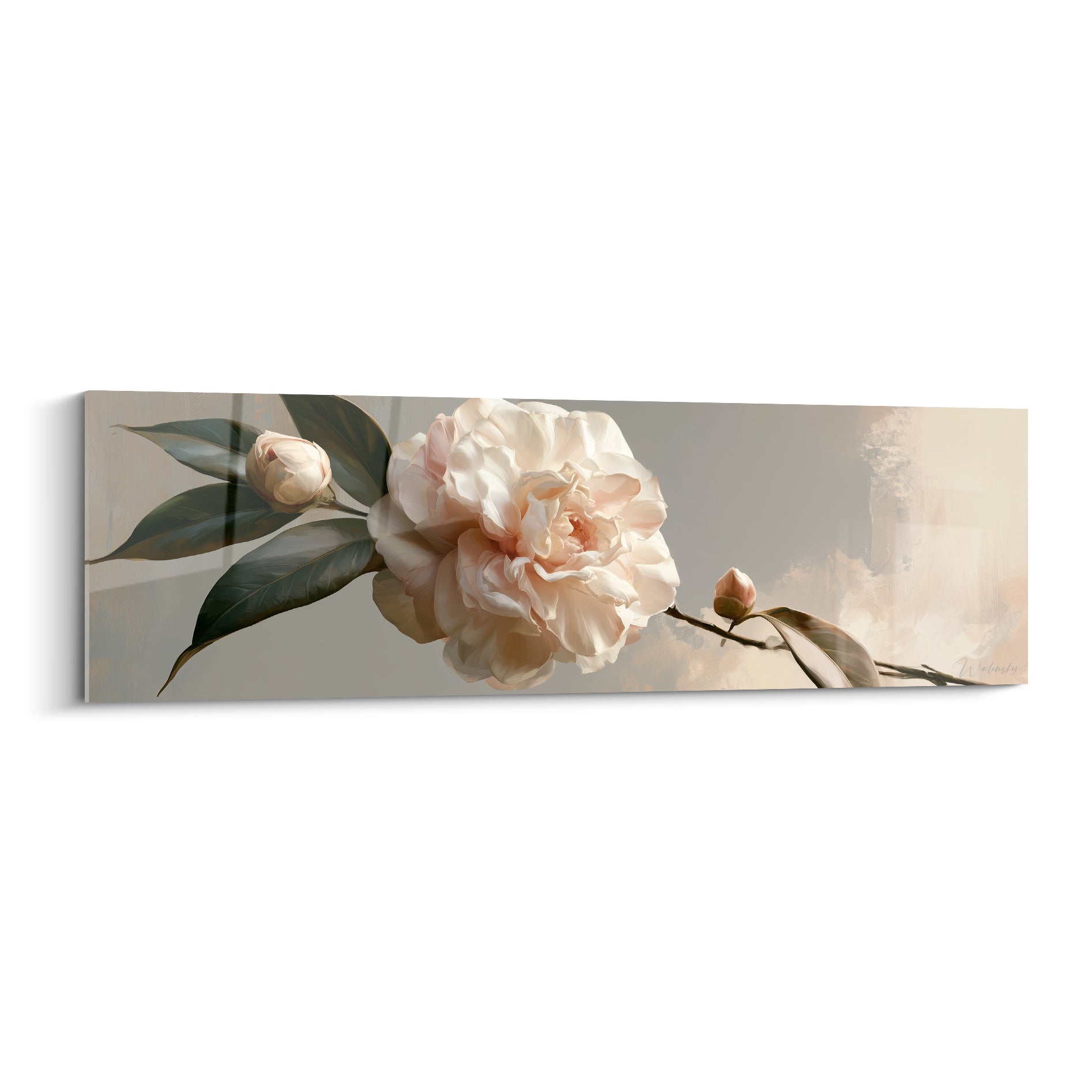Camélia rose pâle aux pétales froissés, feuillage vert sombre, fond gris beige texturé