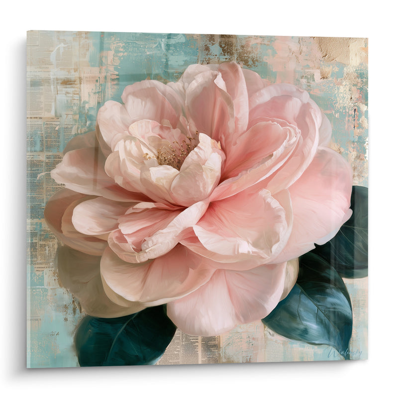 Tableau Camélia rose pâle aux feuilles vert foncé - Douceur nostalgique - Edition Camélia