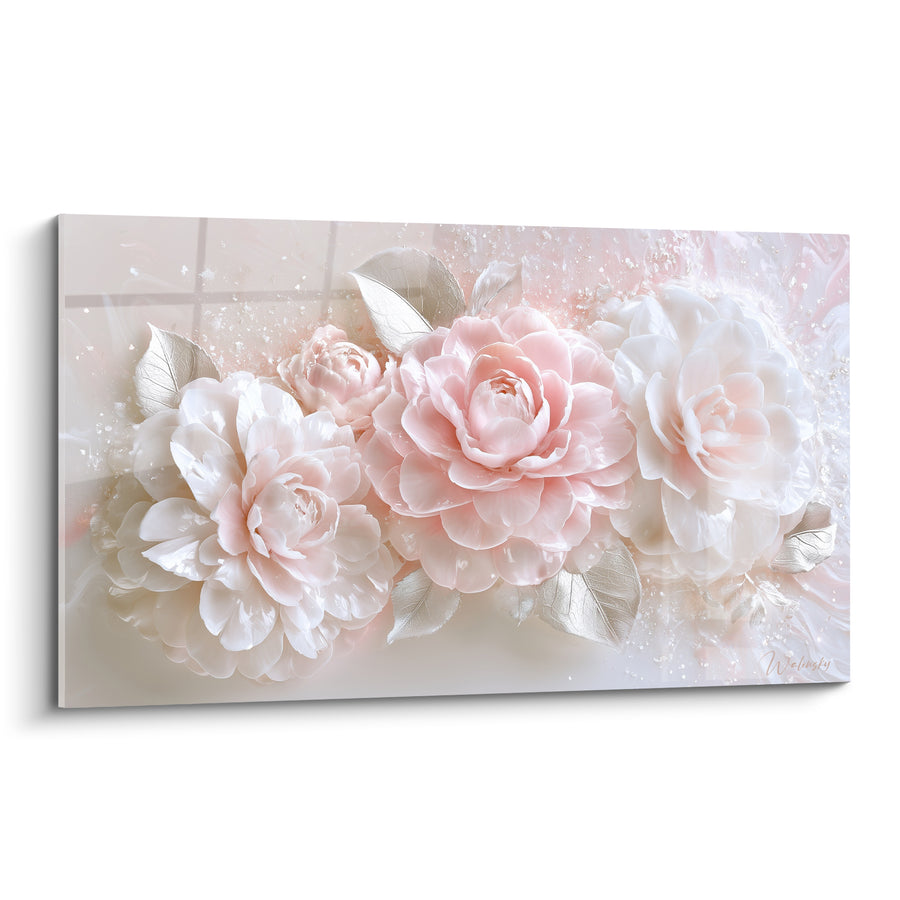 Tableau Camélias rose et blanc aux feuilles argentées éclatantes - Éclaboussures nacrées scintillantes - Edition Camélia