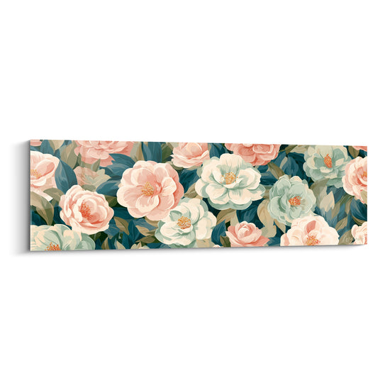 Camélias roses et bleu sarcelle en fleurs denses, pétales nacrés et cœurs dorés peints