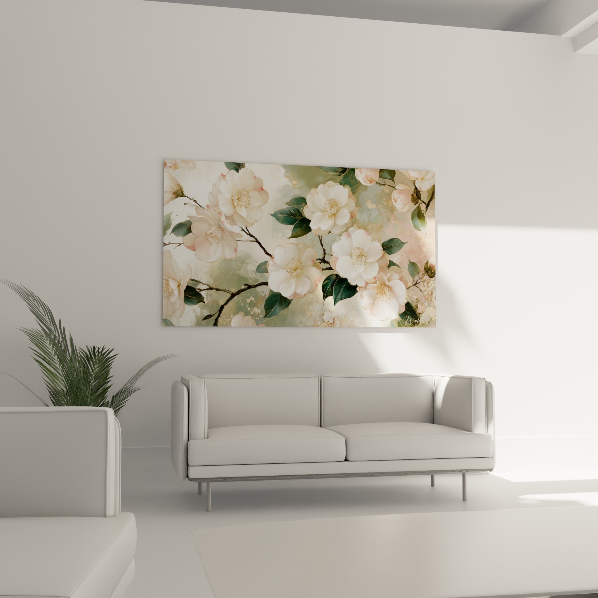 Camélia rosé et doré à la floraison délicate au-dessus d'un canapé dans un salon lumineux