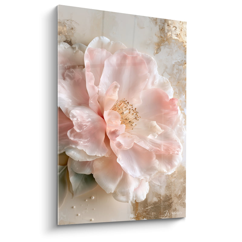 Tableau Camélia rose et ivoire aux perles éparses - Fond marbré doré - Edition Camélia