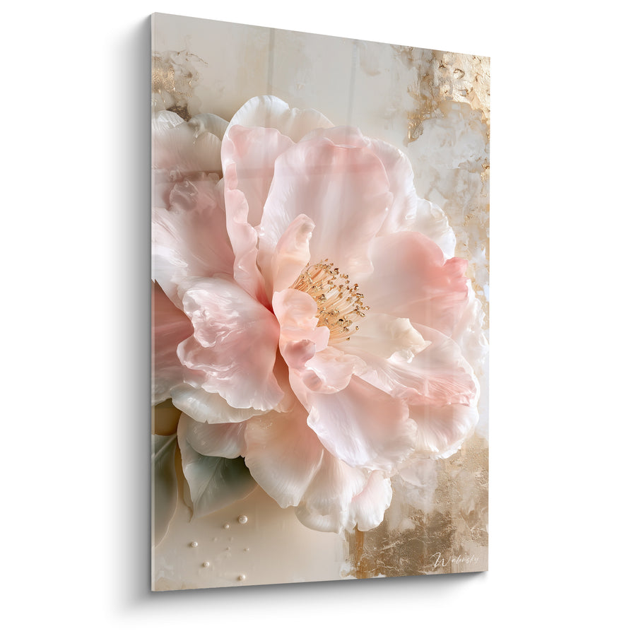 Tableau Camélia rose et ivoire aux perles éparses - Fond marbré doré - Edition Camélia