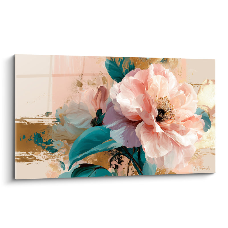 Tableau Camélia rose et sarcelle aux touches dorées - Étamines noires et jaunes - Edition Camélia