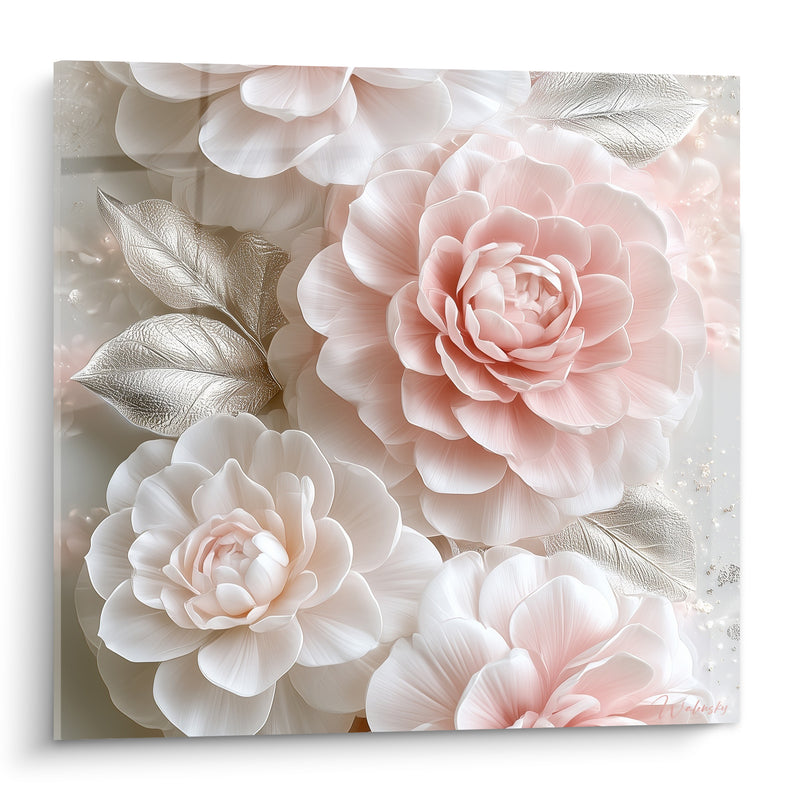 Tableau Camélias roses et blancs aux feuilles argentées - Douceur nacrée - Edition Camélia