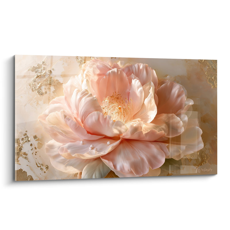 Tableau Camélia rose pâle et doré aux perles blanches - Éclats de feuille dorée - Edition Camélia