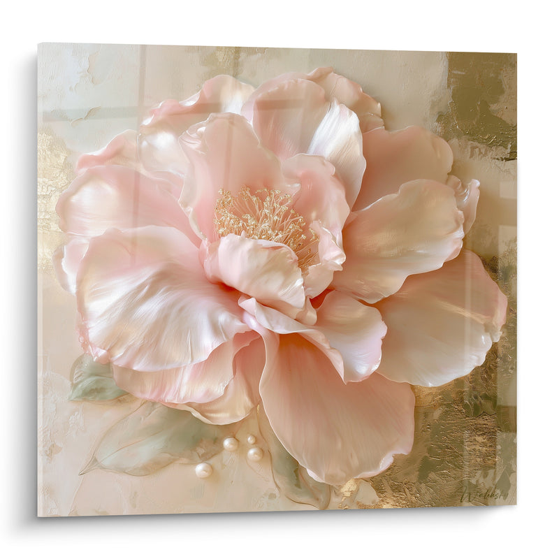 Tableau Camélia rose et doré aux perles nacrées - Grâce nacrée - Edition Camélia