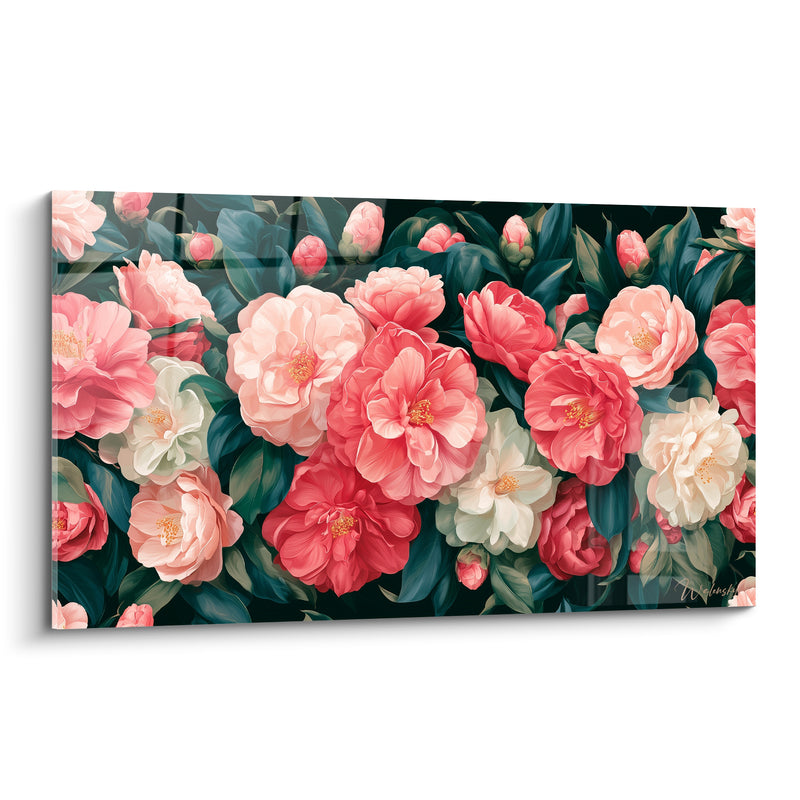 Tableau Camélias roses et blancs feuillage vert sombre - Floraison généreuse - Edition Camélia
