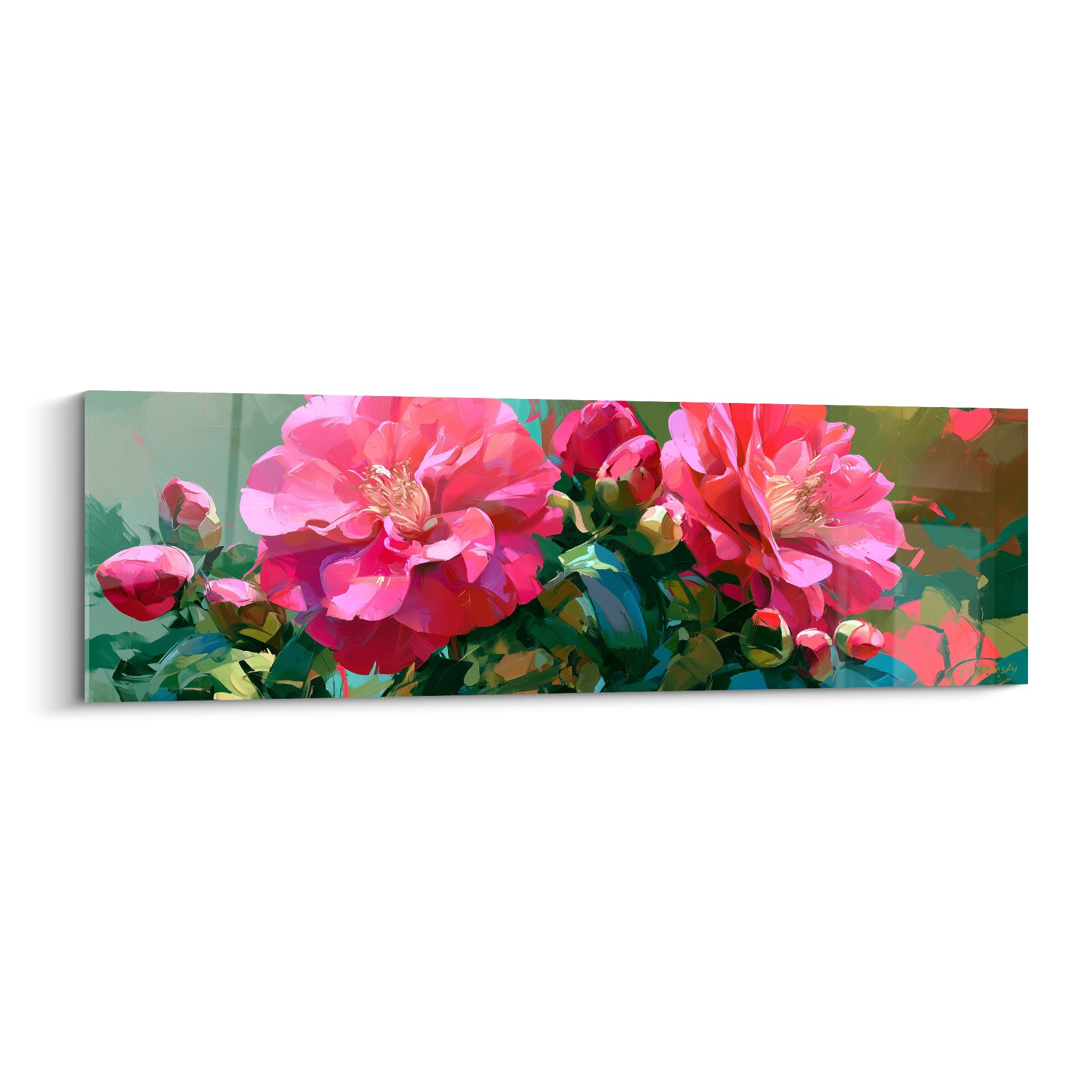Camélias roses et corail en pleine floraison, feuillage émeraude, touche picturale gestuelle et lumineuse