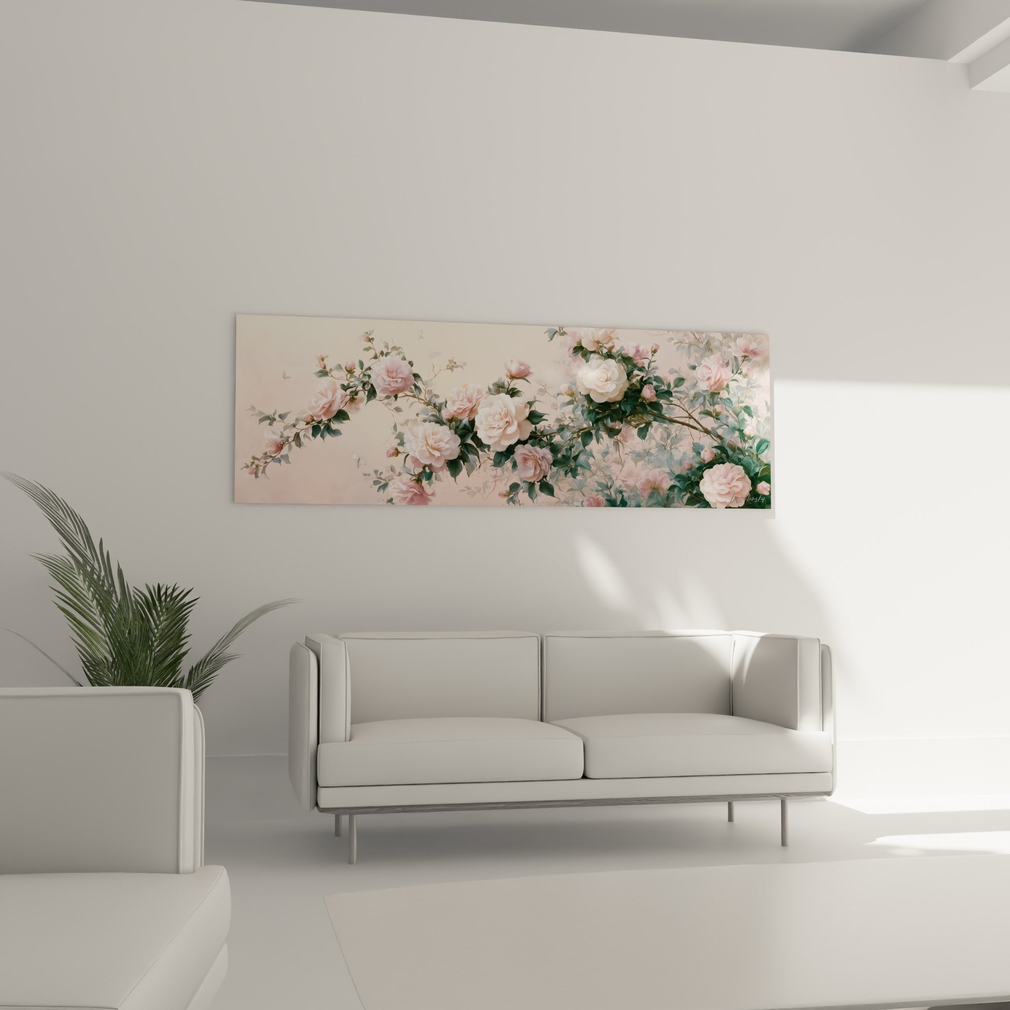 Fleurs de camélia blanches et roses aux pétales délicats, au-dessus d'un canapé dans un salon lumineux