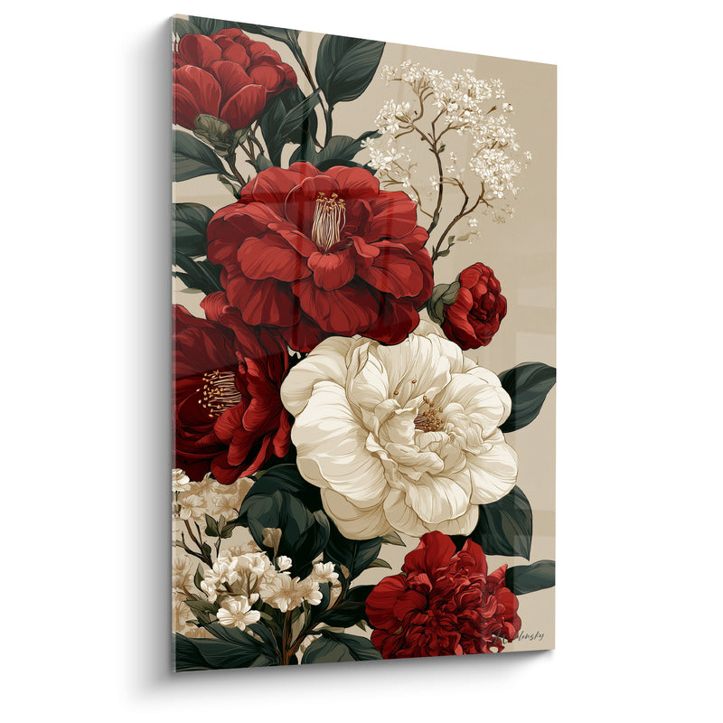 Tableau Camélias rouges et blancs illustrés - Bouquet de printemps - Edition Camélia