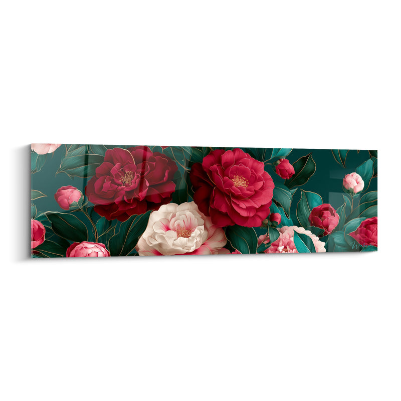 Tableau Camélias rouges et blancs sur feuillage émeraude - Bouquet dense entrelacé - Edition Camélia