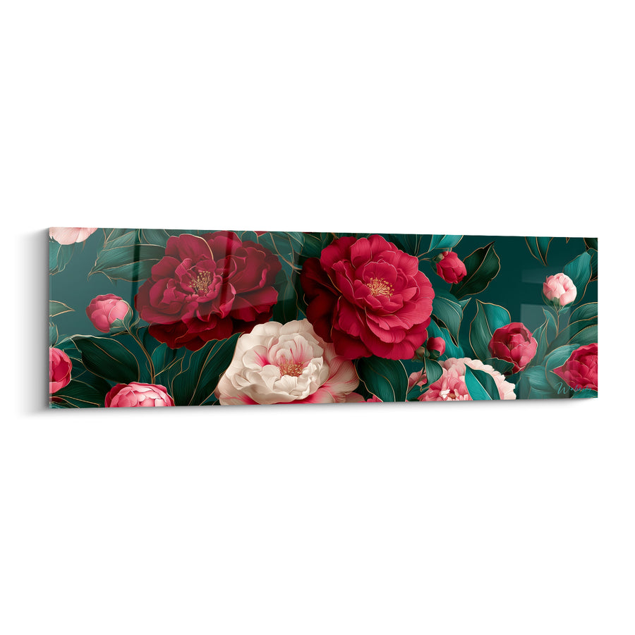 Tableau Camélias rouges et blancs sur feuillage émeraude - Bouquet dense entrelacé - Edition Camélia