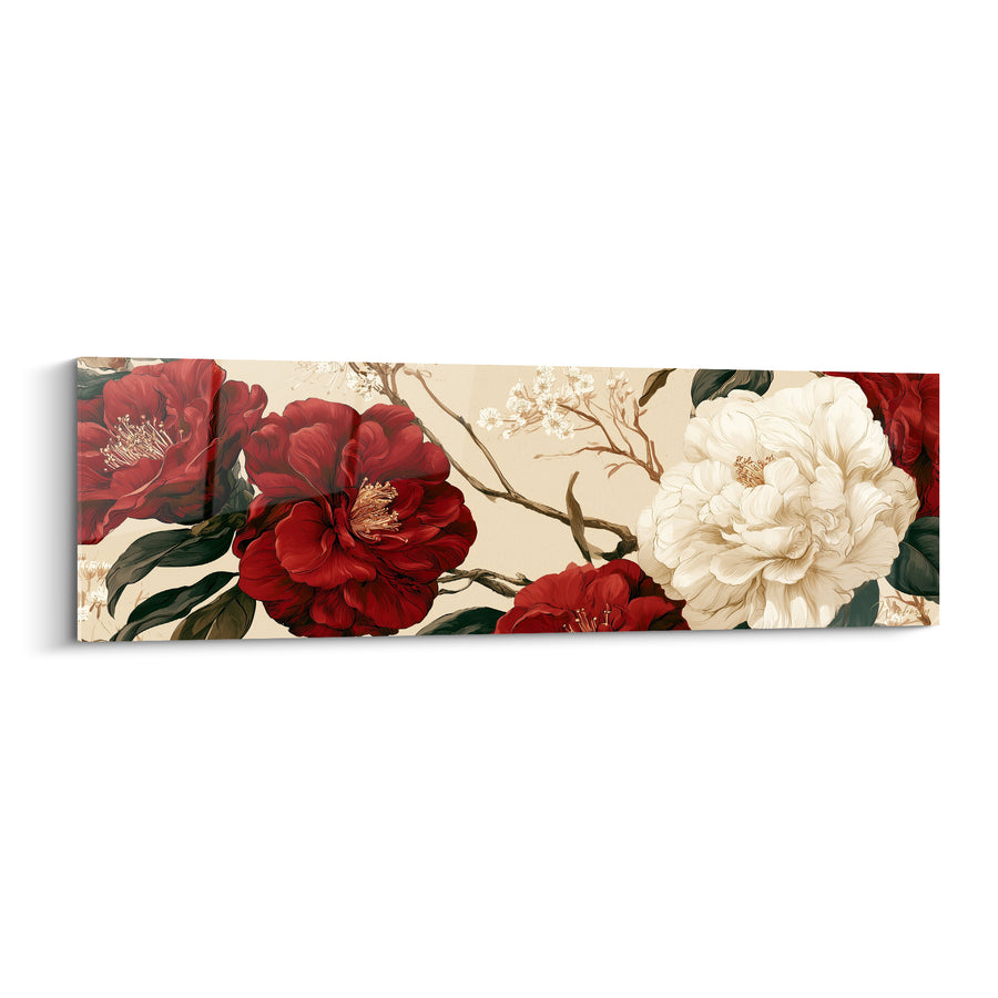 Tableau Camélias rouge bordeaux et ivoire épanouis - Floraison silencieuse - Edition Camélia