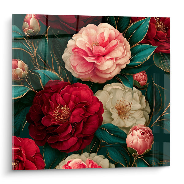 Cuadro Camelias rojo burdeos y rosa empolvado florecientes - Jardín en flor - Edición Camelia