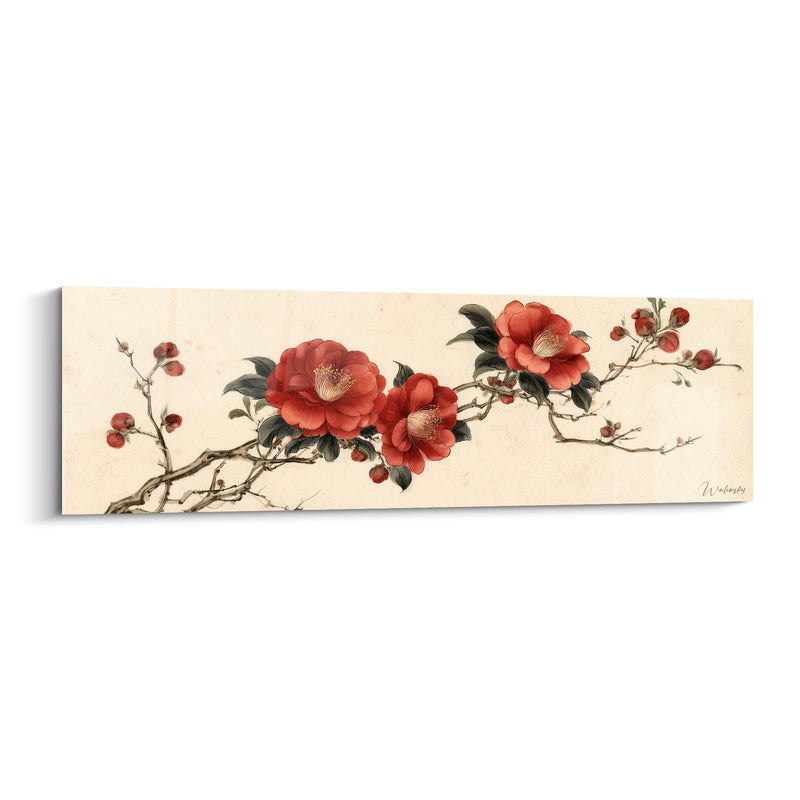 Tableau Branche fleurie rouge et ivoire sur papier ancien - Baies et bourgeons épars - Edition Camélia