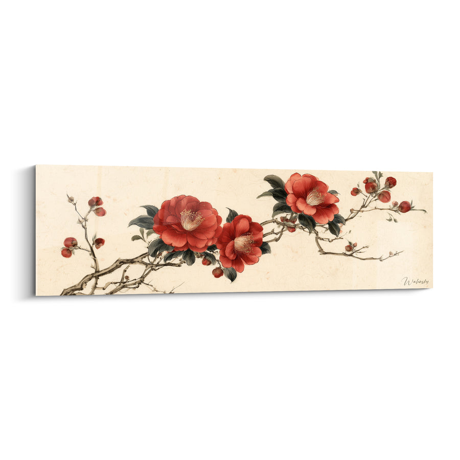 Tableau Branche fleurie rouge et ivoire sur papier ancien - Baies et bourgeons épars - Edition Camélia