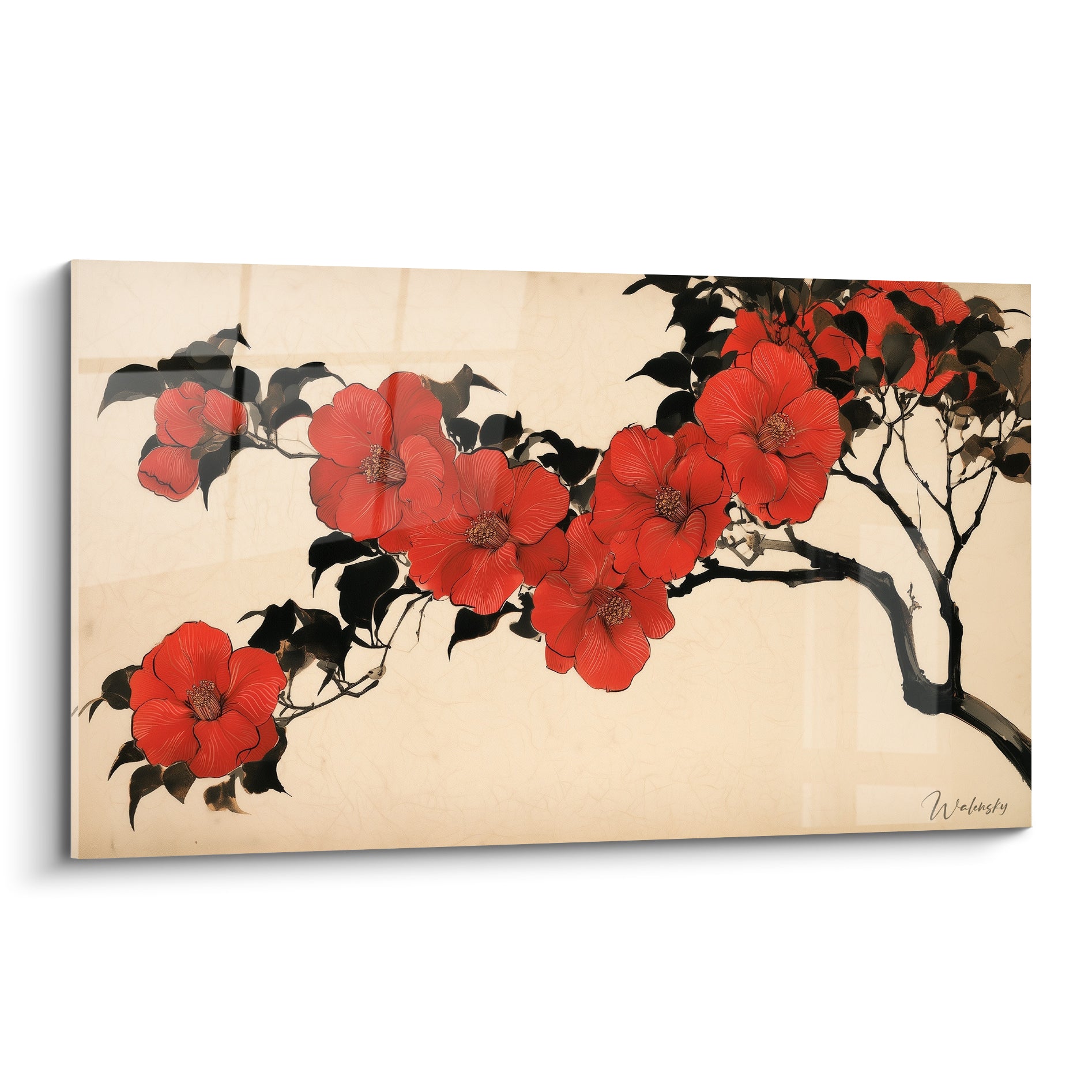 Camélia rouge aux pétales détaillés sur fond ivoire, branche noire graphique de style japonisant