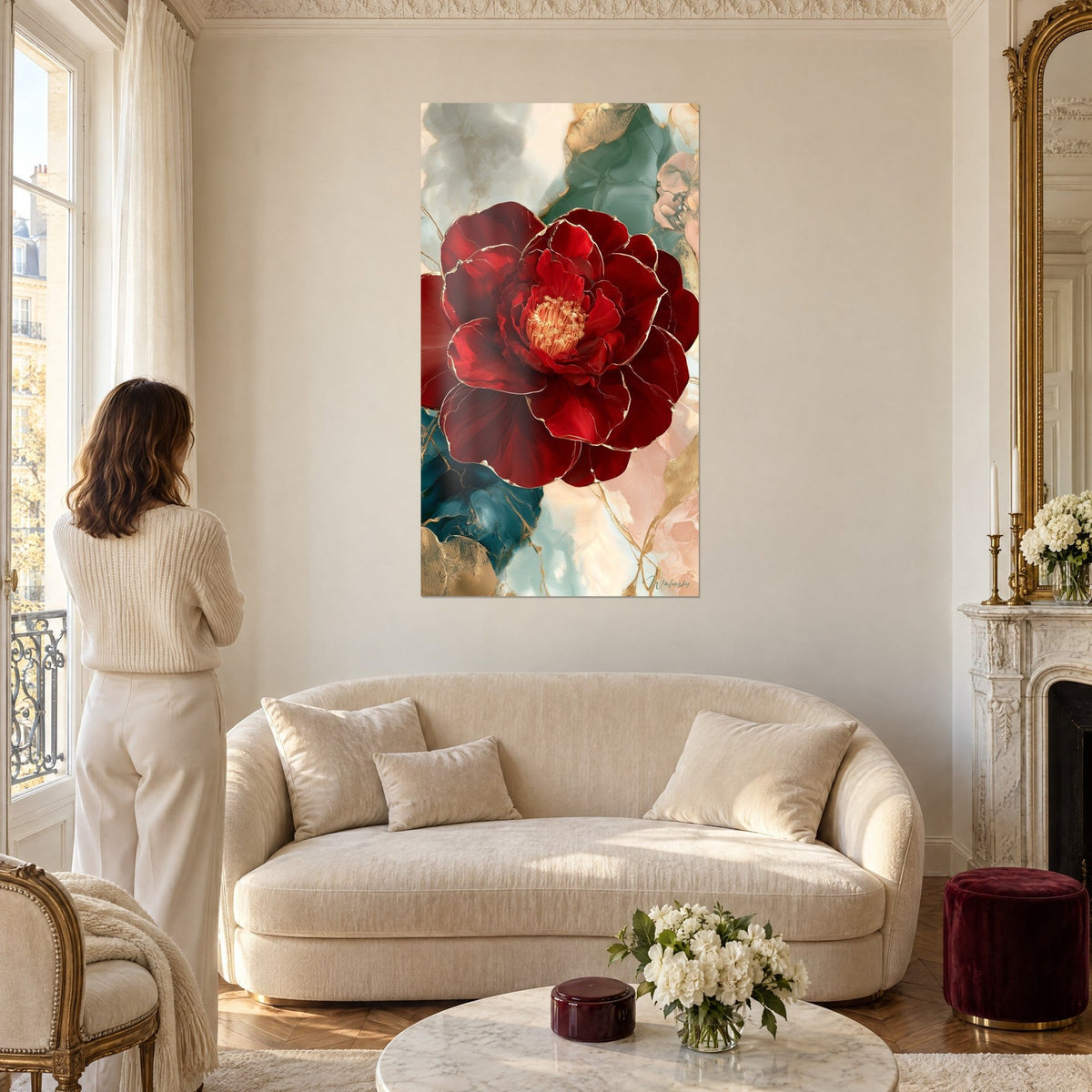 Cuadro camelia púrpura con estambres dorados, fondo de mármol verde salvia y crema, mujer de espaldas, sobre un sofá en un salón luminoso