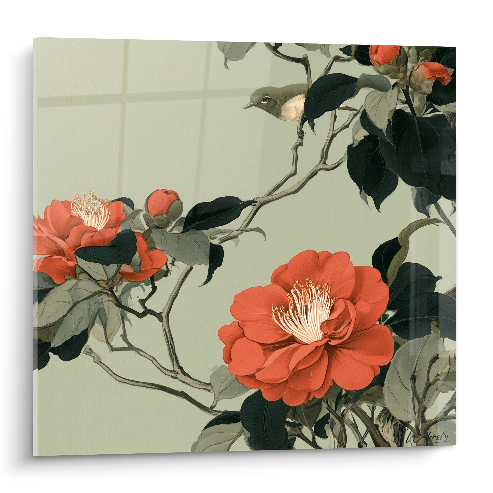 Camélias rouge corail éclatants et oiseau beige perché sur fond vert sauge délicat
