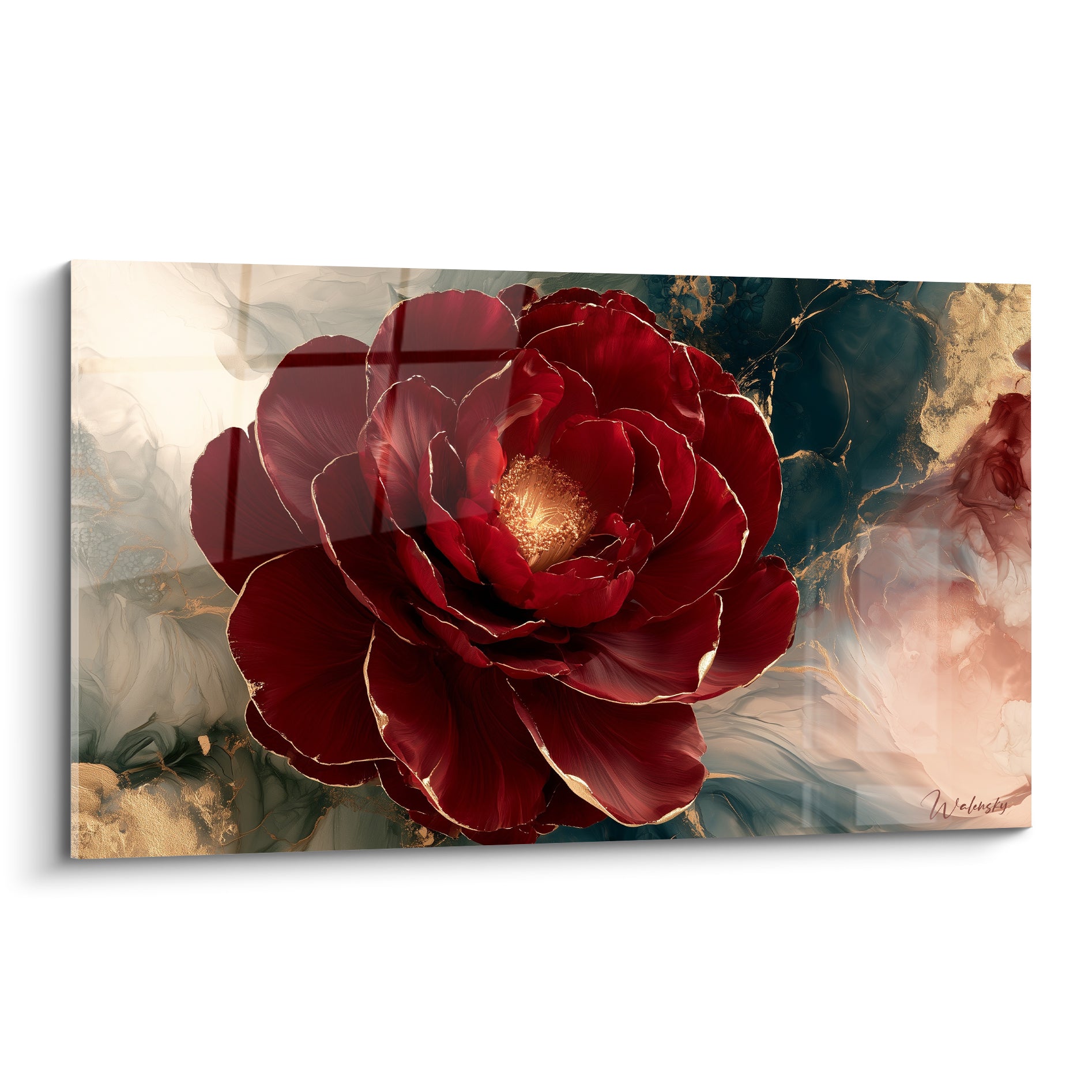 Camélia rouge bordeaux aux liserés dorés sur fond marbré vert anthracite et beige