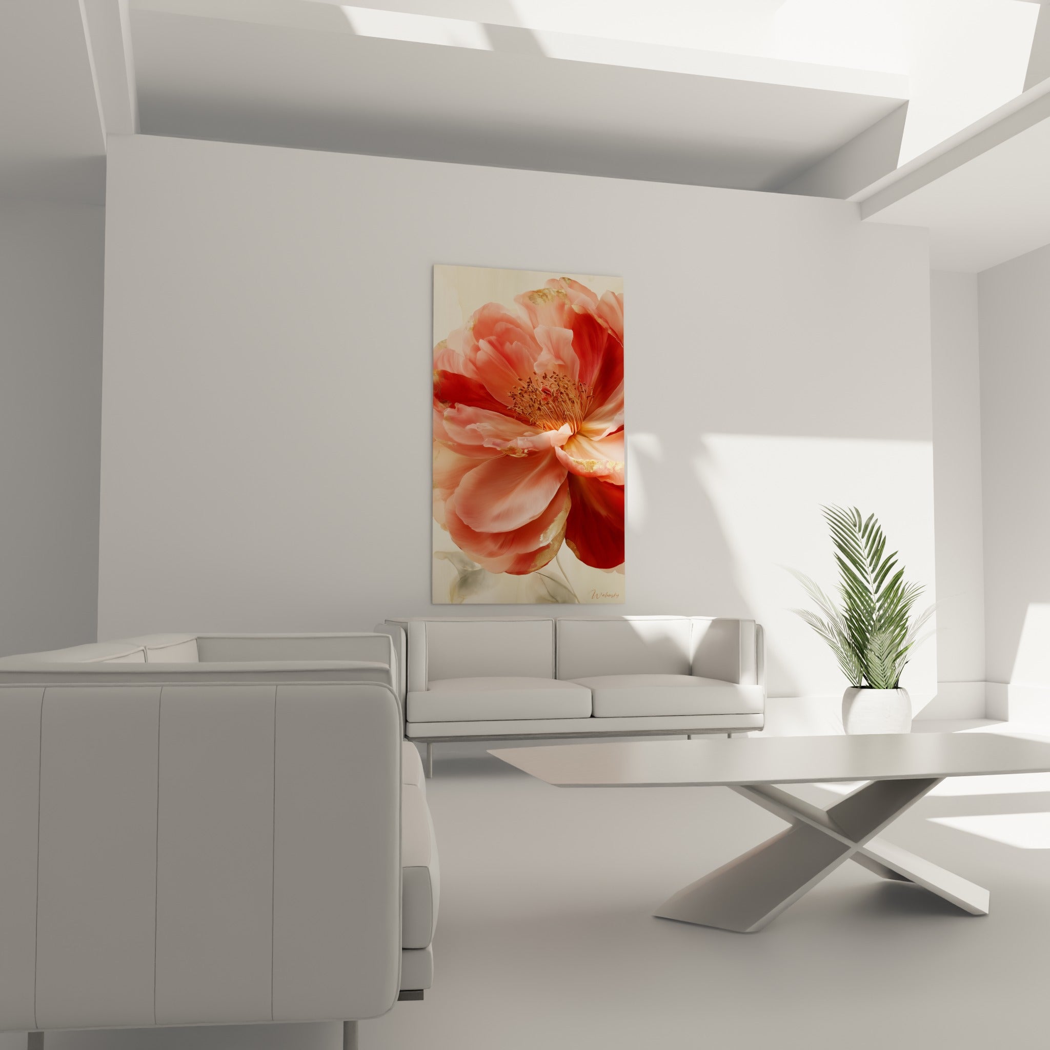 Pétales roses et rouges d'un camélia lumineux, accrochés au-dessus d'un canapé dans un salon lumineux