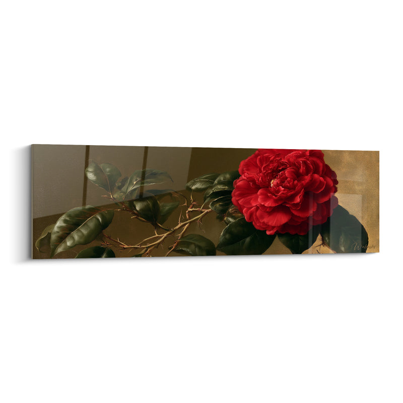 Tableau Camélia rouge et doré sur branche épineuse - Tige épineuse noueuse - Edition Camélia