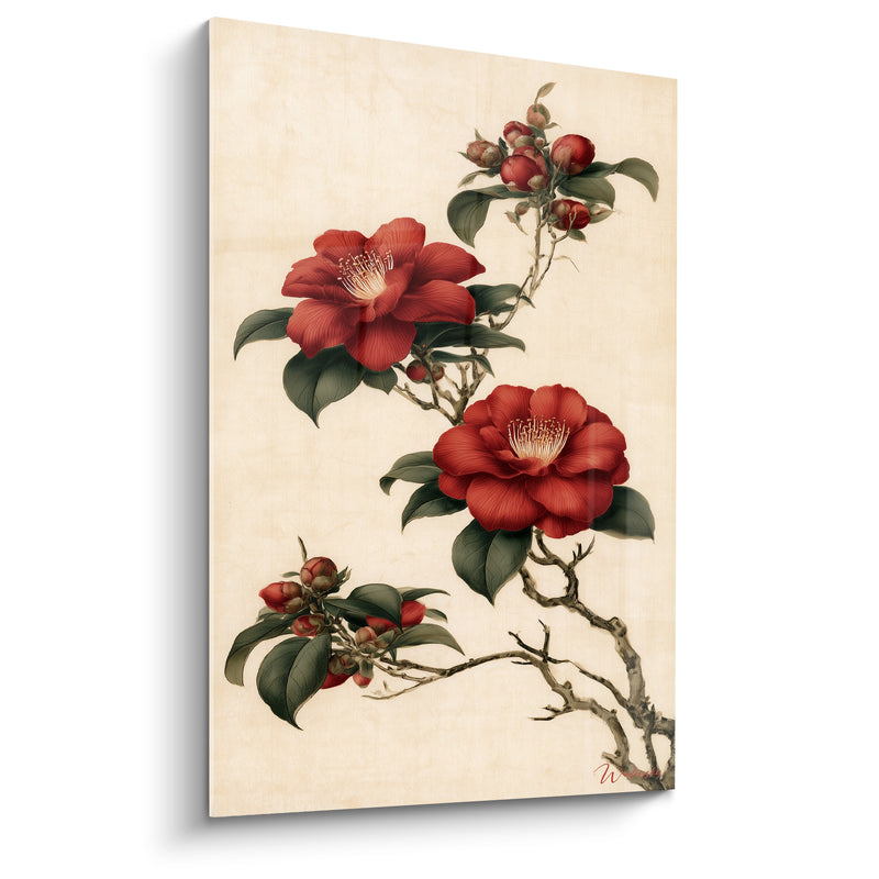 Tableau Camélia rouge et fond ivoire ancien - Élégance botanique - Edition Camélia