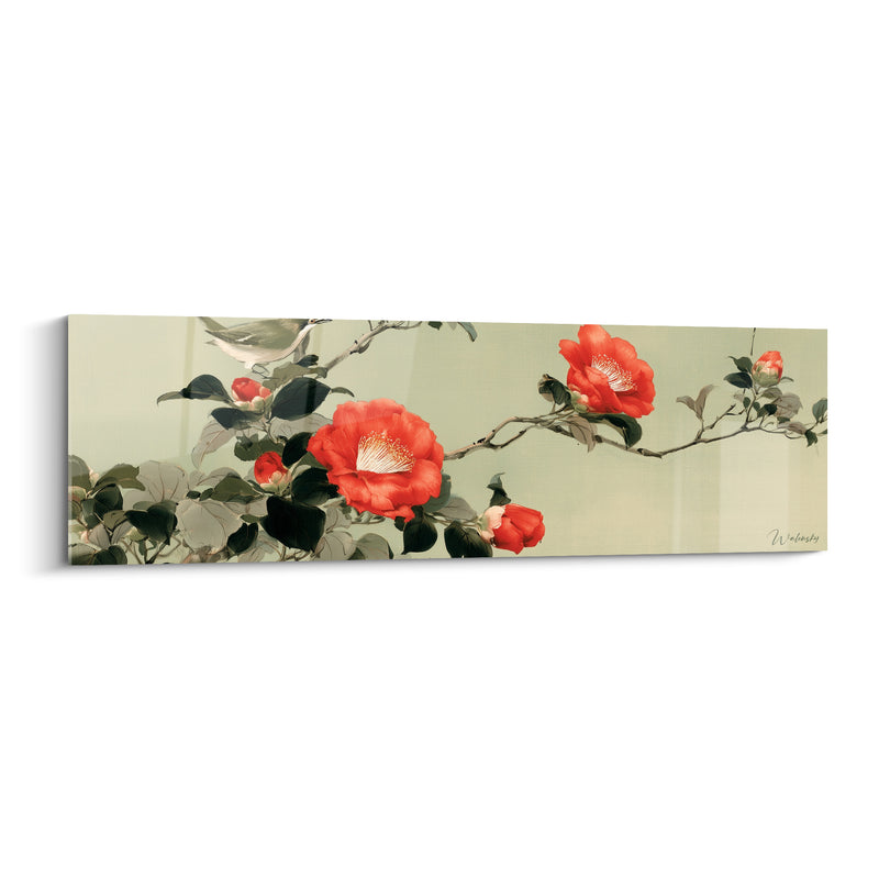 Tableau Camélias rouges et gris sur branche longiligne - Oiseau perché discret - Edition Camélia