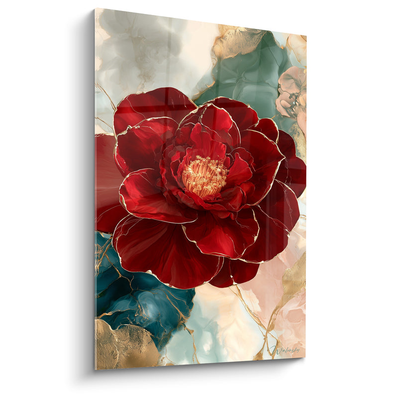 Tableau Camélia rouge et doré sur fond marbré - Étamines dorées veloutées - Edition Camélia