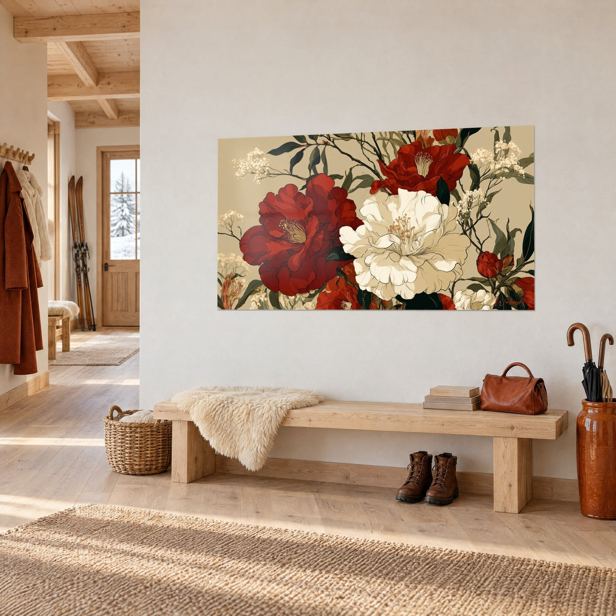 Wall art Bouquet of carmine and white peonies on sand background, dark green leaves, hung in the entrance of a chalet