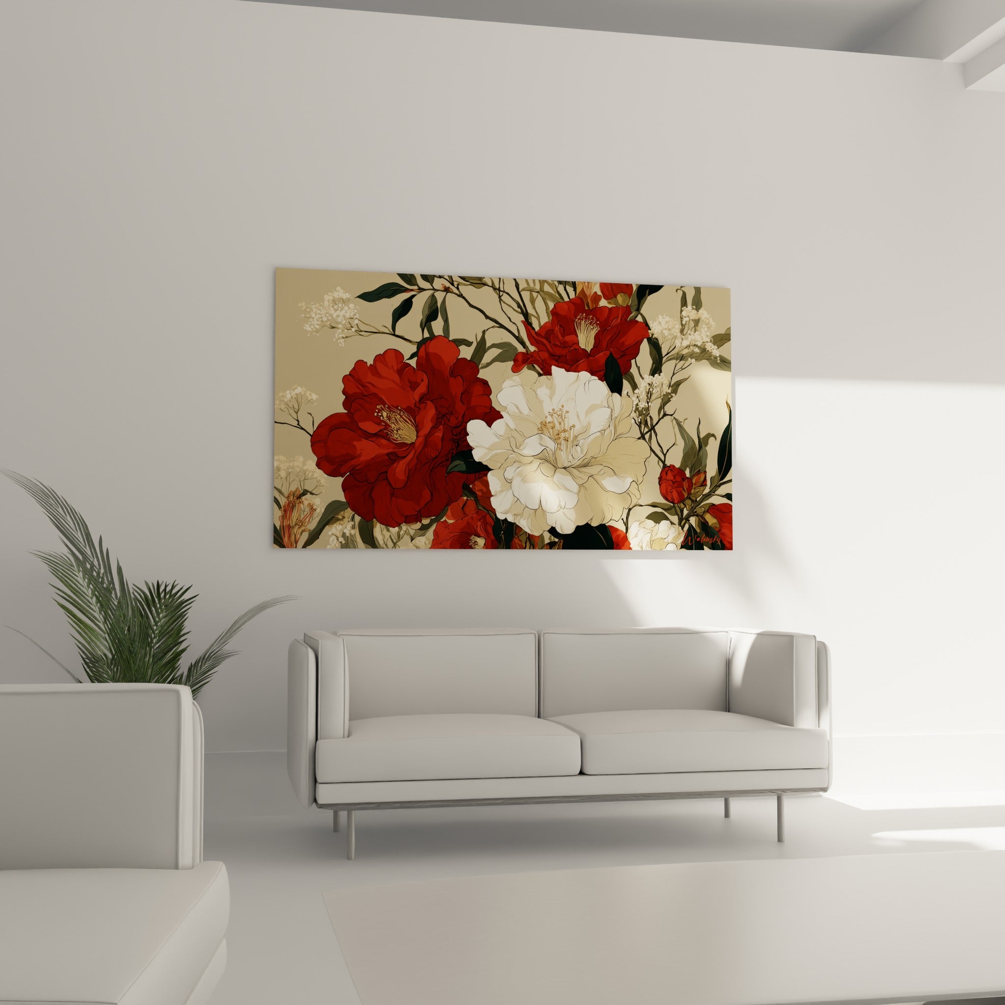 Bouquet de camélias rouge profond et ivoire, disposé au-dessus d'un canapé dans un salon lumineux