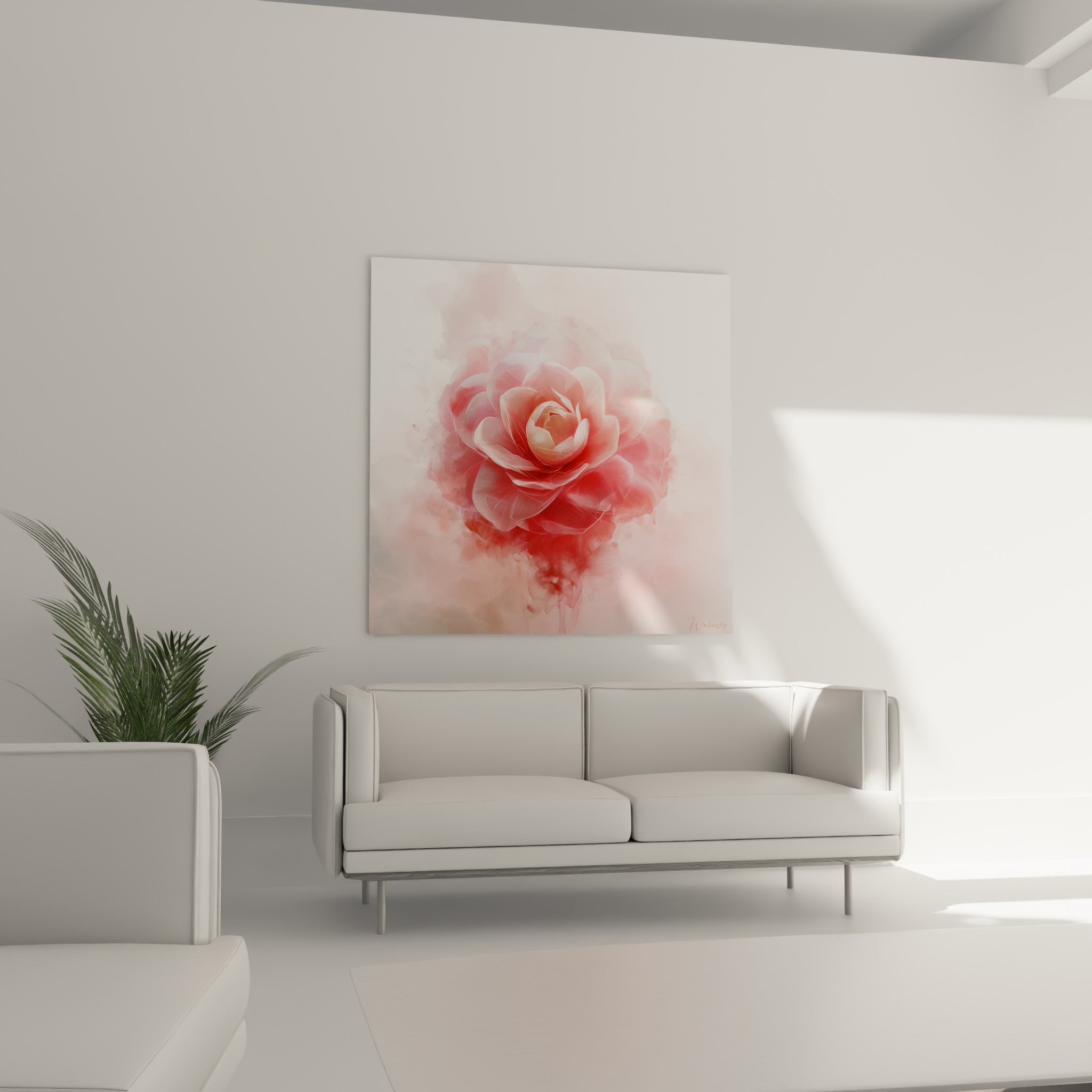 Camélia rouge et rose délicat, effet vaporeux, au-dessus d'un canapé dans un salon lumineux