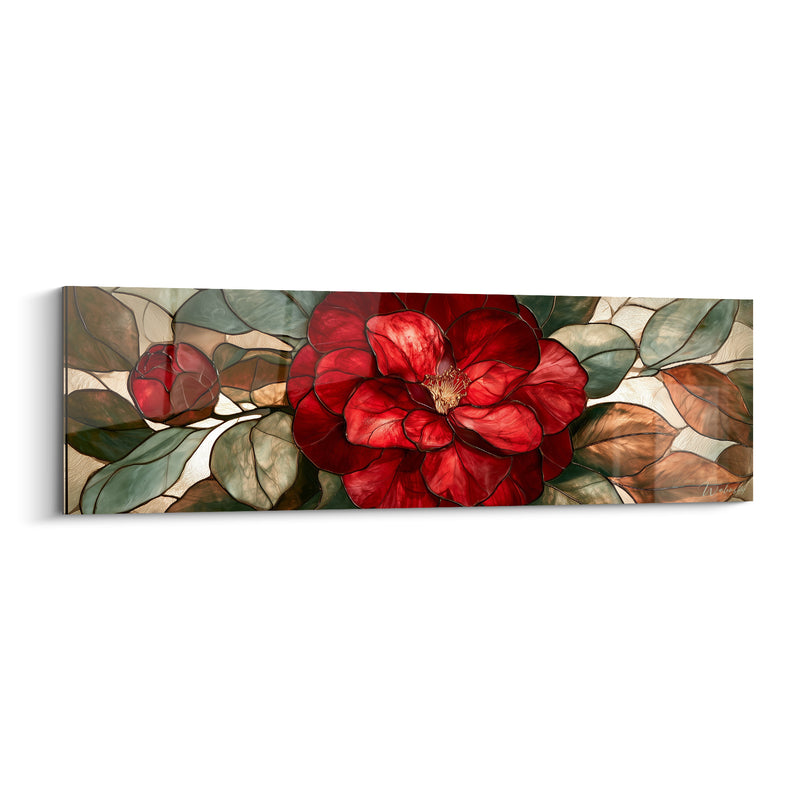 Tableau Camélia rouge et vert façon vitrail - Éclat vitré - Edition Camélia