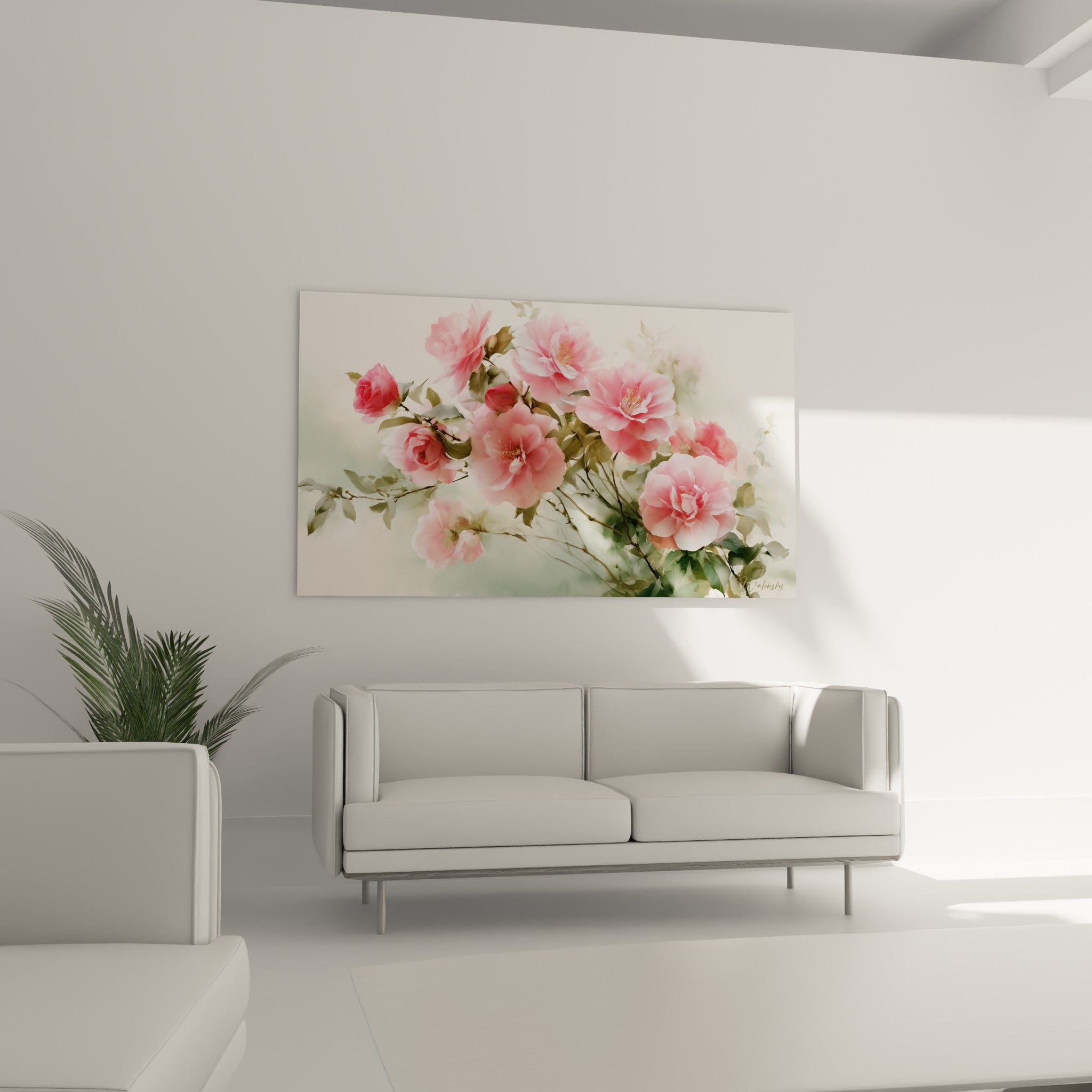 Bouquet de camélias roses aux nuances poudrées, tiges vertes, disposé au-dessus d'un canapé dans un salon lumineux
