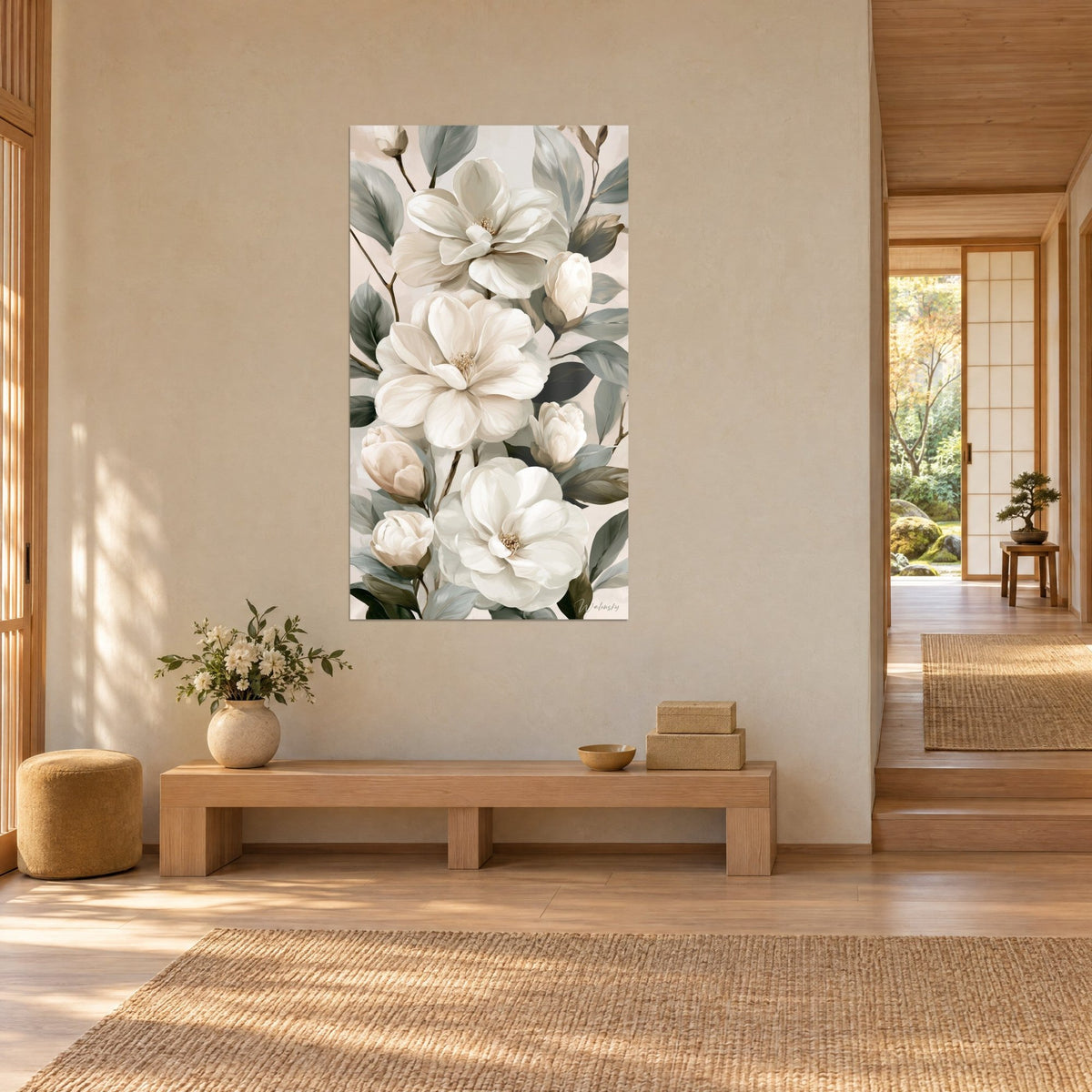 Tableau grandes fleurs blanc crème et bourgeons rosés sur fond beige, feuillage sauge, vu de trois quarts près d'un banc en bois